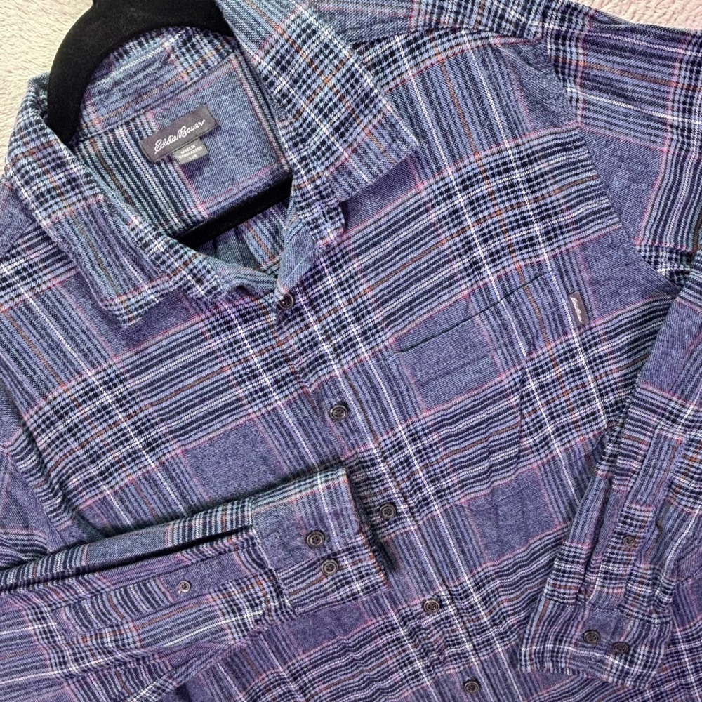 Eddie Bauer Mens Flannel Shirt Sz L Blue Plaid Cotton Long Sleeve Button Down
